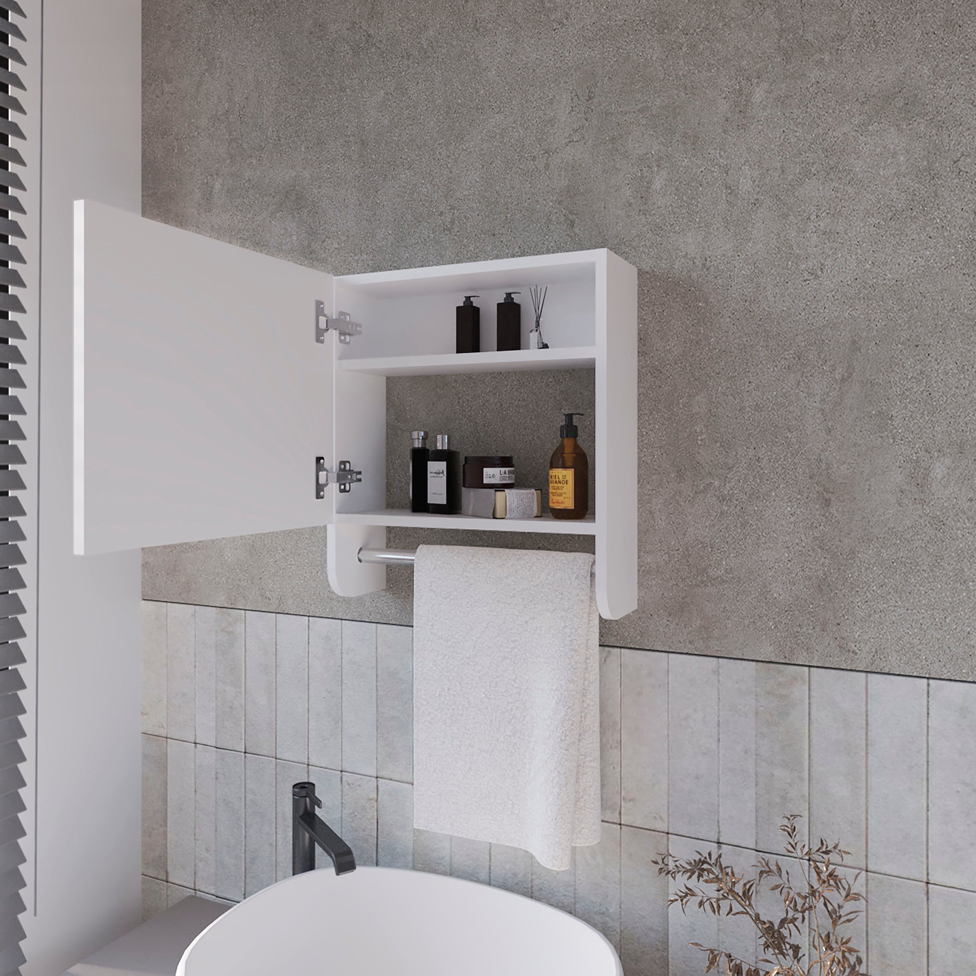 Wall Mounted White Medicine Cabinet with Mirror & Towel Bar for Bathroom