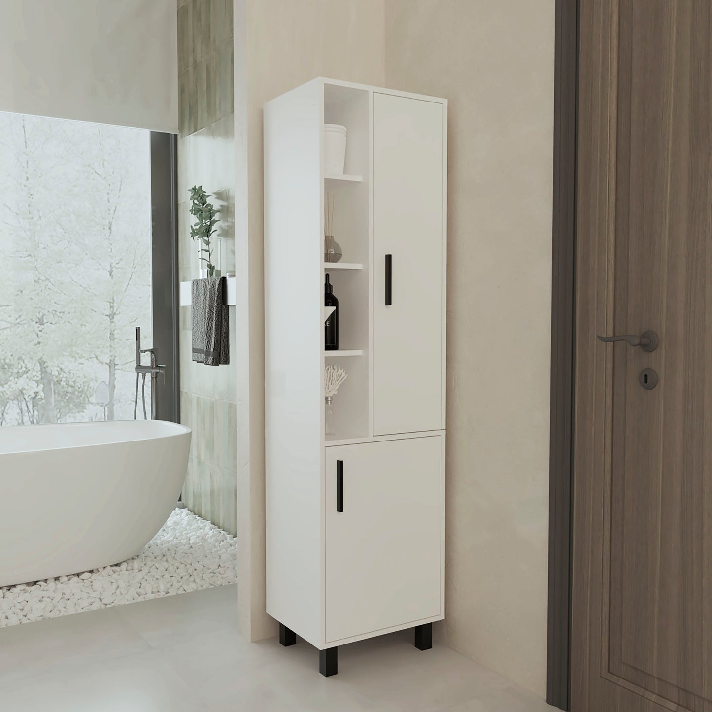 FM FURNITURE Pinal Linen Cabinet with Open Storage and 2 Doors, White