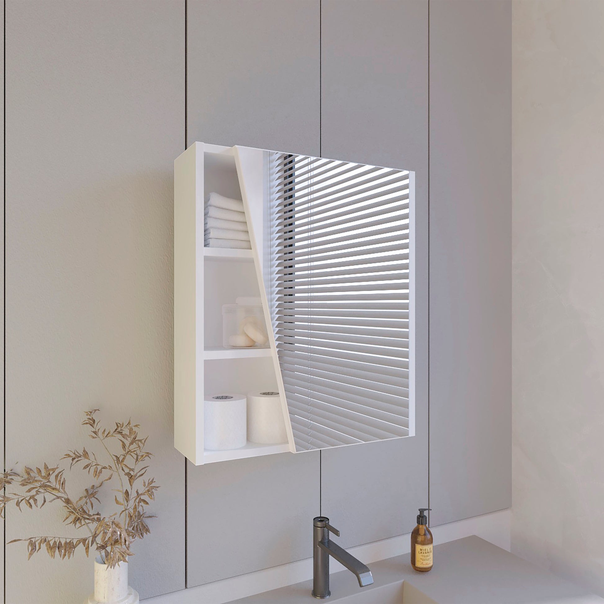 FM FURNITURE Pinedale Medicine Cabinet with Mirrored Door and Open Storage, White