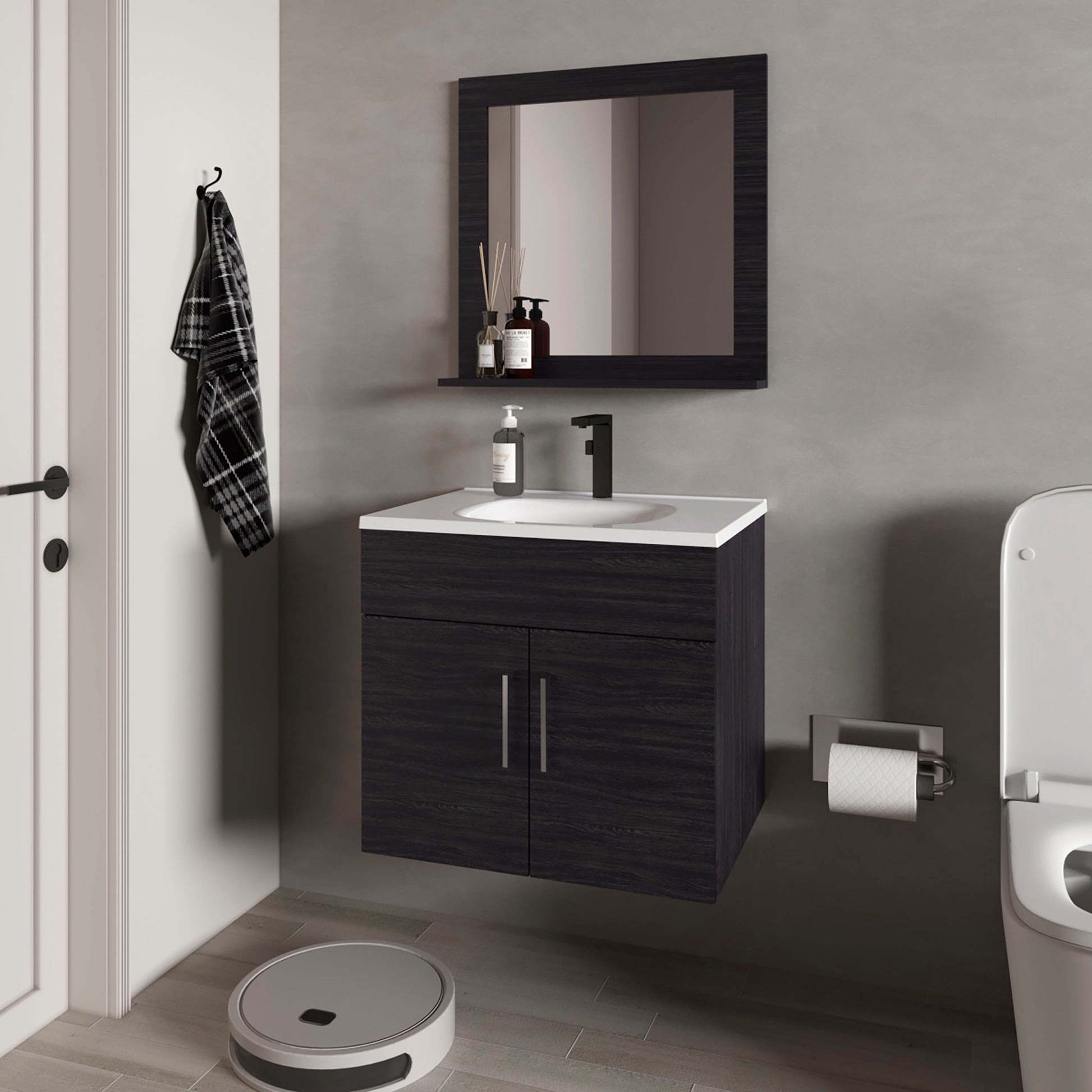Slater Floating Bathroom Vanity Set with Sink, Two-Door Cabinet, and Mirror,Wengue