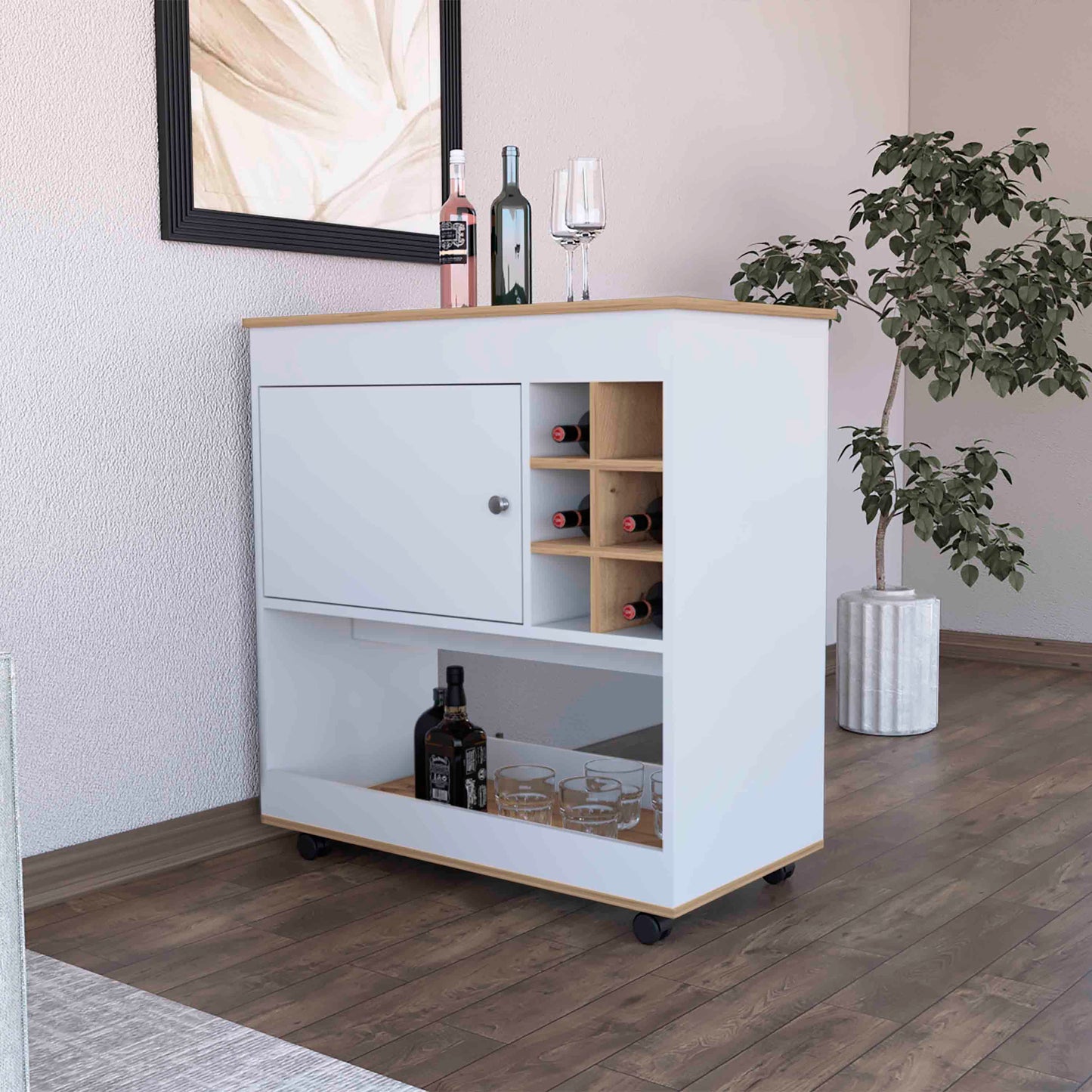 Texas Bar Cart, One Cabinet, Six Bottle Cubbies, One Lower Panel, Four Casters