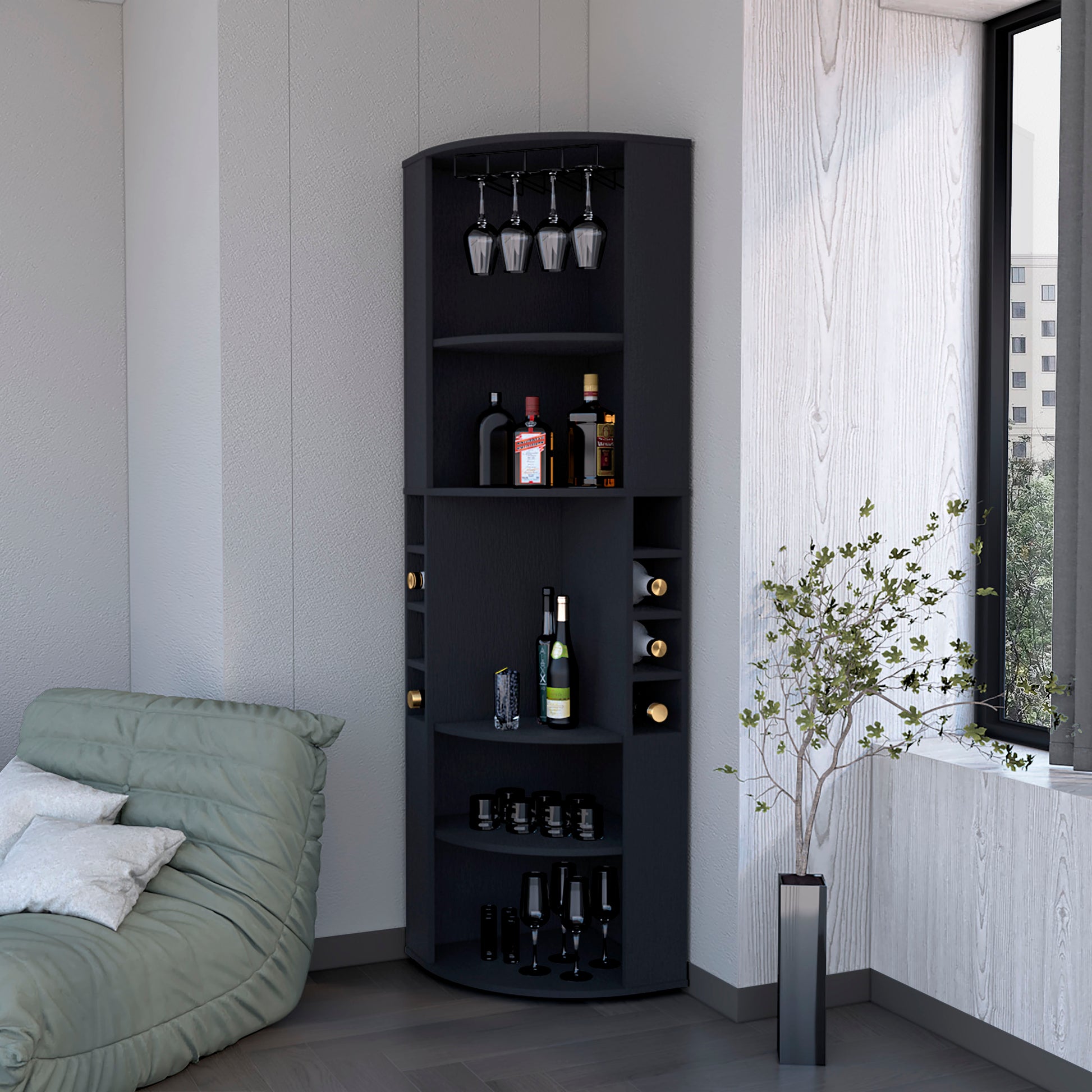 FM FURNITURE Clifton Corner Bar Cabinet, with 5 shelves,Cup Hanger and Eight Built-in Wine Rack, Black