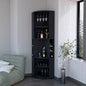 FM FURNITURE Clifton Corner Bar Cabinet, with 5 shelves,Cup Hanger and Eight Built-in Wine Rack, Black