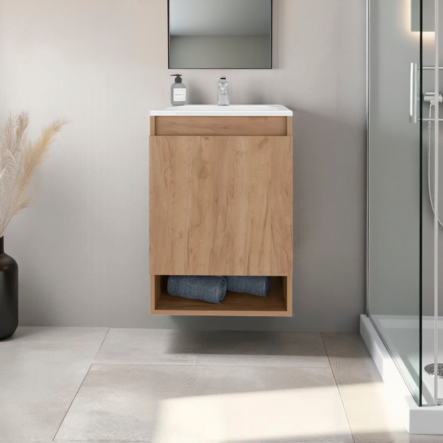 Wright Wall-Mounted Bathroom Vanity with Sink, 2 Doors, Open Shelf, Integrated Basin, Natural Oak