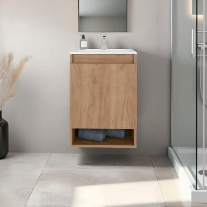 Wright Wall-Mounted Bathroom Vanity with Sink, 2 Doors, Open Shelf, Integrated Basin, Natural Oak