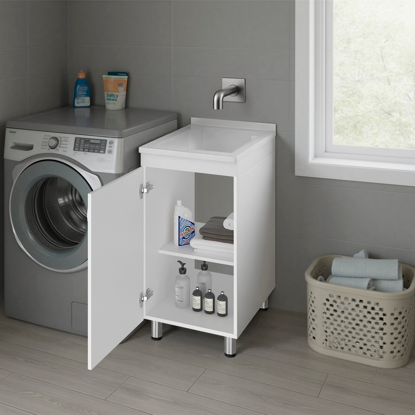 White Compact Utility Sink Cabinet - Laundry Room Storage for Dining Room