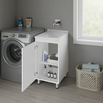 White Compact Utility Sink Cabinet - Laundry Room Storage for Dining Room