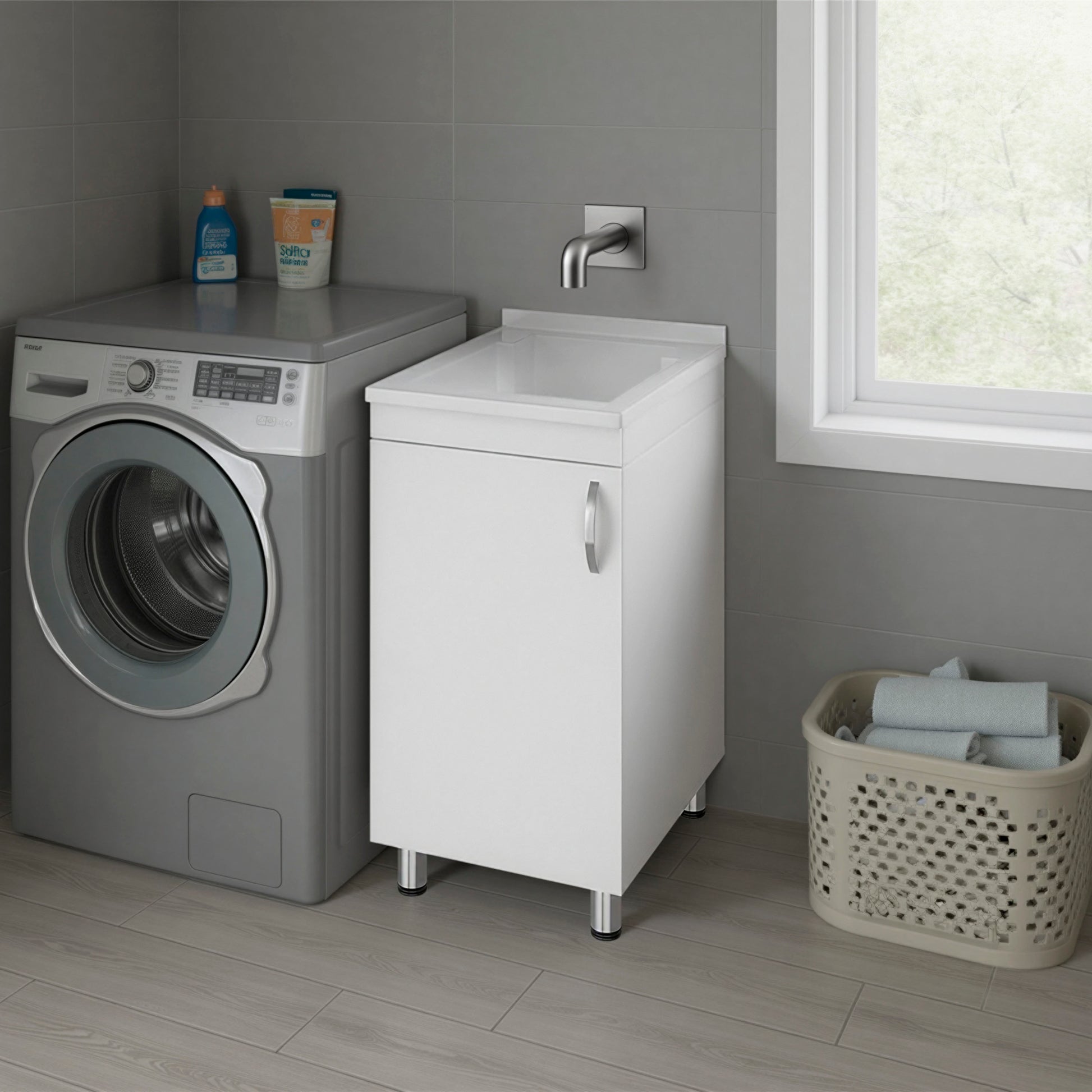 Slee Compact Utility Sink Cabinet with Storage and Metal Legs for Laundry Room, White