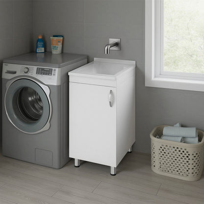 Slee Compact Utility Sink Cabinet with Storage and Metal Legs for Laundry Room, White