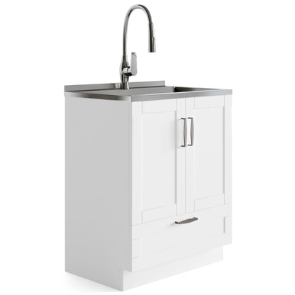 Reed - Deluxe 28" Laundry Cabinet with Pull-out Faucet and Stainless Steel Sink - Pure White
