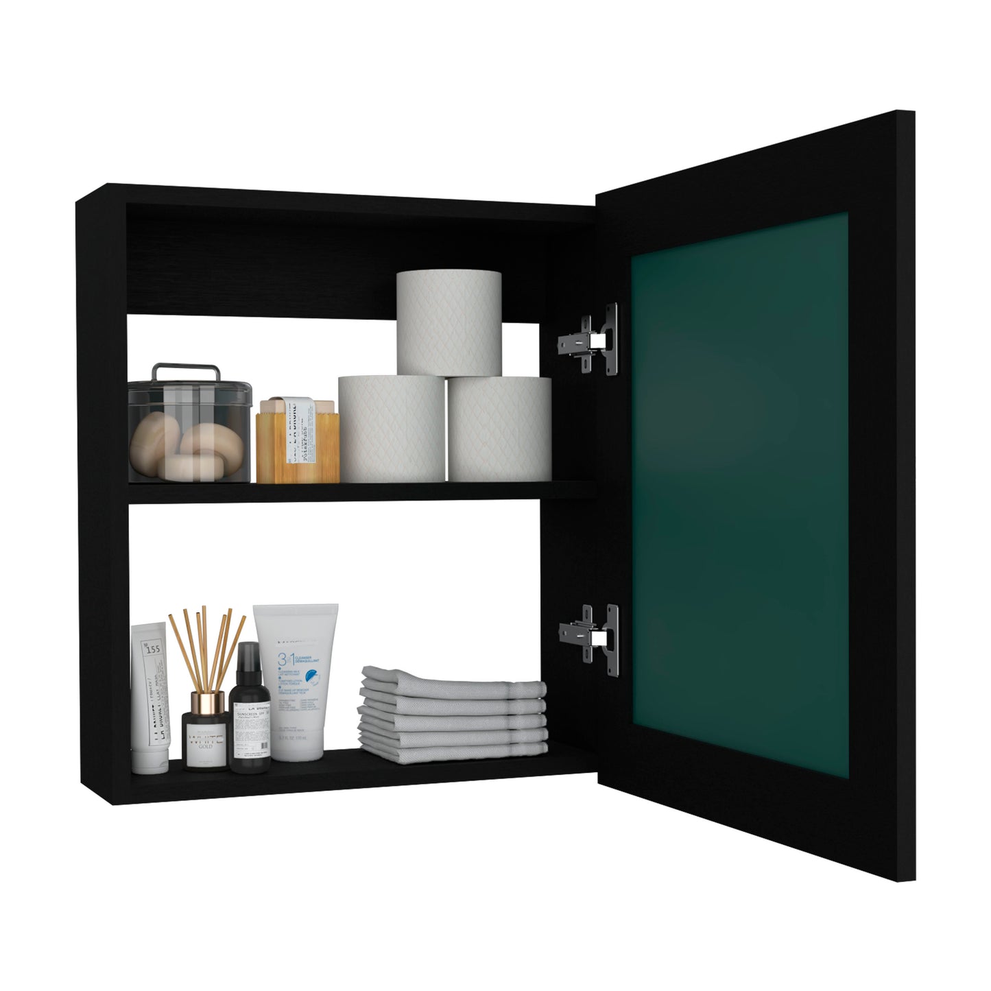 Modern Black Bathroom Cabinet with Mirror and Dual Shelves