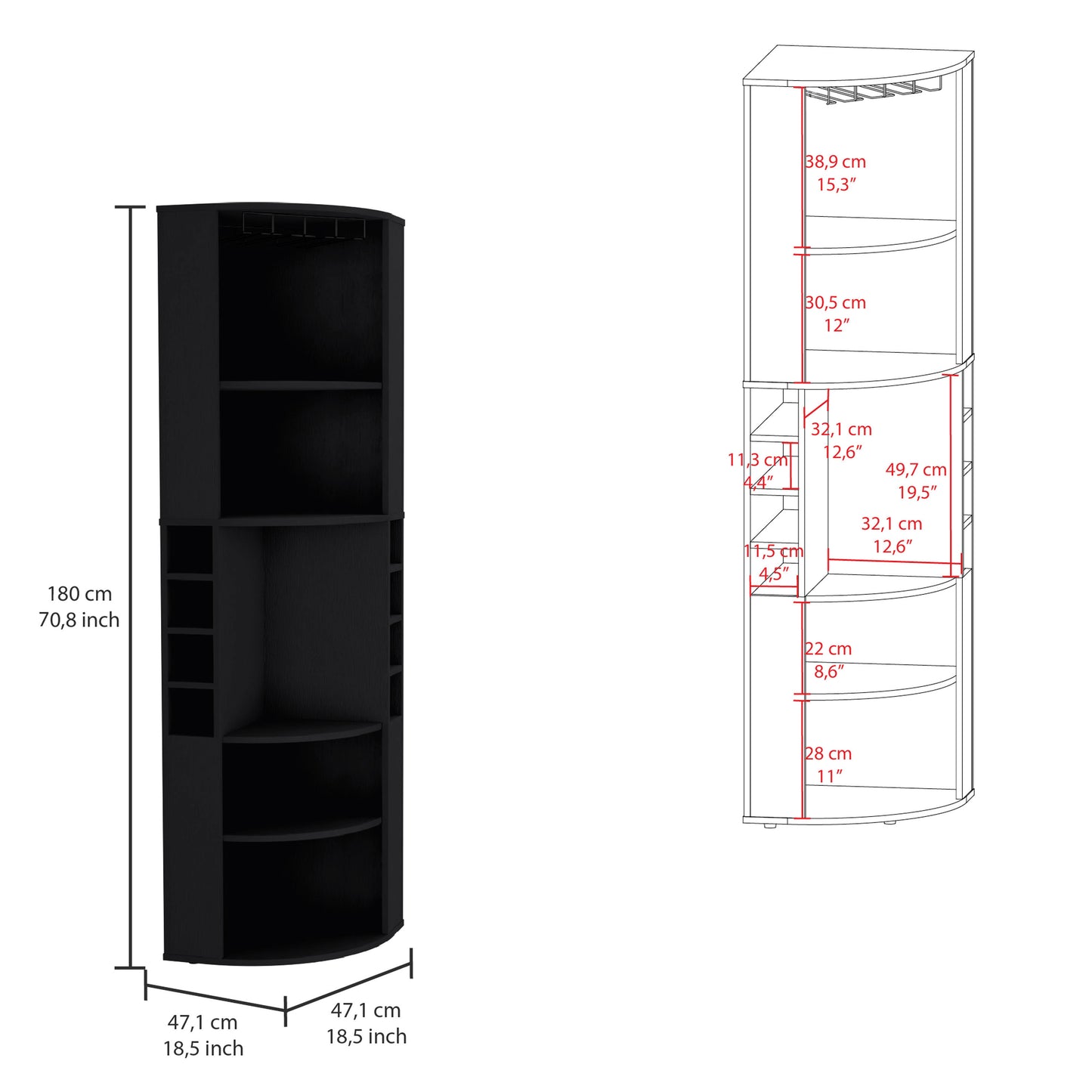 Black Corner Bar Cabinet with 5 Shelves Kitchen Wine Storage