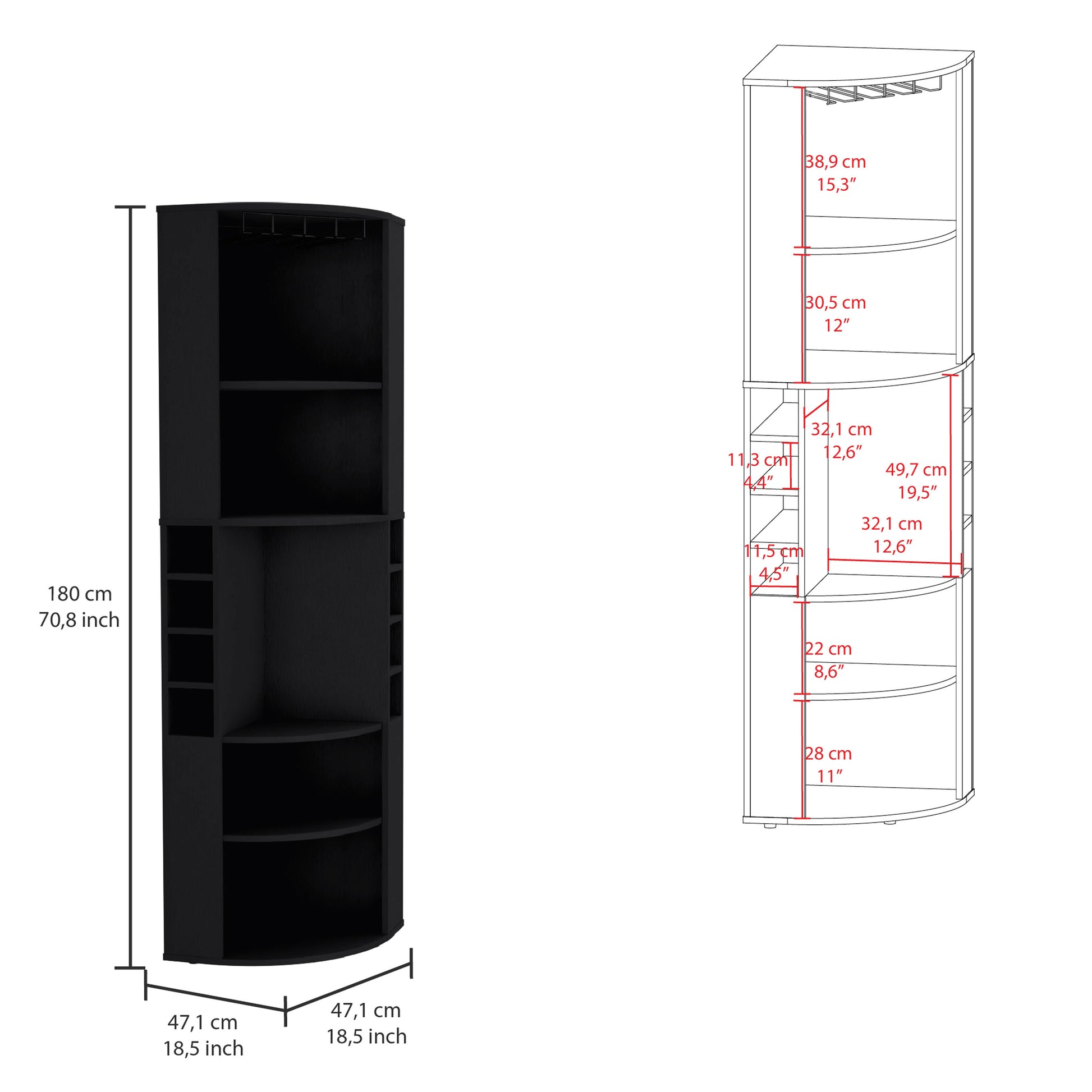 Black Corner Bar Cabinet with 5 Shelves Kitchen Wine Storage
