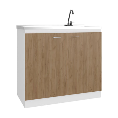Napoles Utility Sink with Faucet Inclued and Integrated Stainless Steel Counter top, Freestanding cabinet with two doors, Metal Handles and Two interior shelves, Natural+White