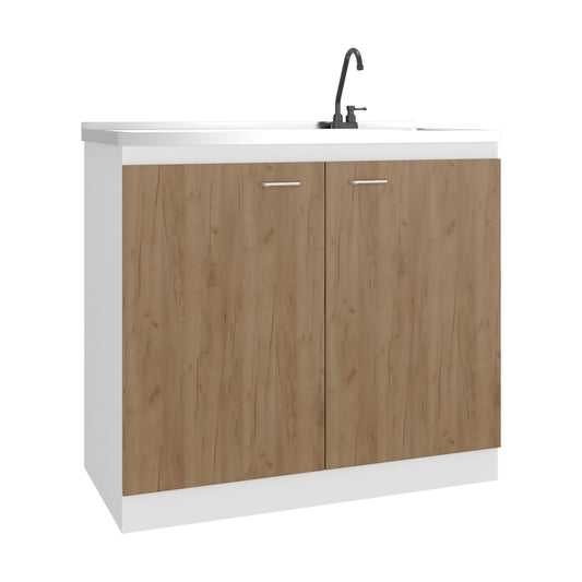 Napoles Utility Sink with Faucet Inclued and Integrated Stainless Steel Counter top, Freestanding cabinet with two doors, Metal Handles and Two interior shelves, Natural+White