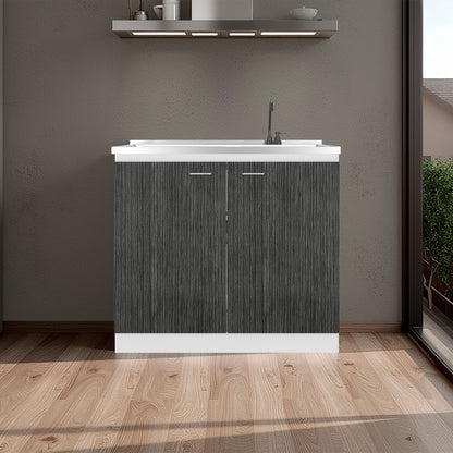 Napoles Utility Sink with Faucet Inclued and Integrated Stainless Steel Counter top, Freestanding cabinet with two doors, Metal Handles and Two interior shelves, Gray+White