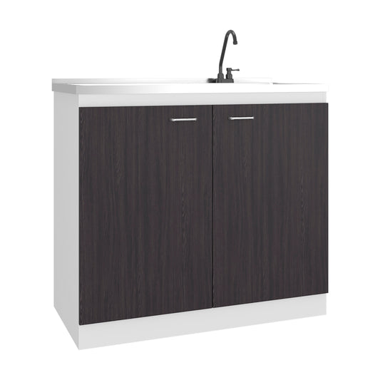 Napoles Utility Sink with Faucet Inclued and Integrated Stainless Steel Counter top, Freestanding cabinet with two doors, Metal Handles and Two interior shelves, Black & White Print