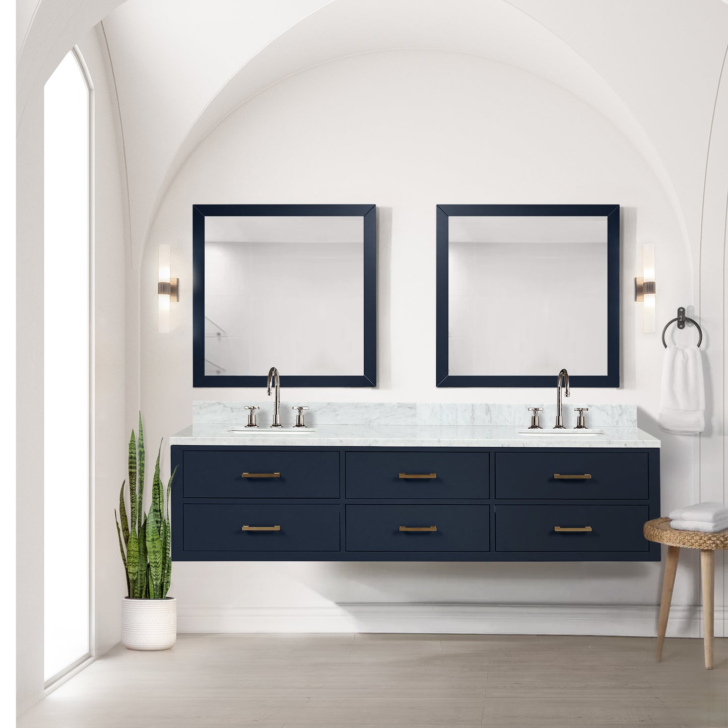Blue Double Bath Vanity with Carrara Marble Top & Faucet