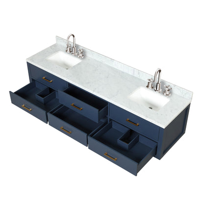 Blue Double Bath Vanity with Carrara Marble Top & Faucet
