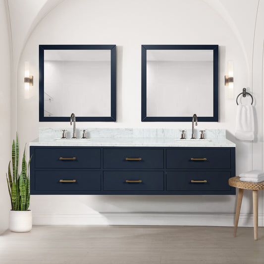 Blue Double Bath Vanity 80 in. W x 22 in. D, Carrara Marble Top, and Faucet Set