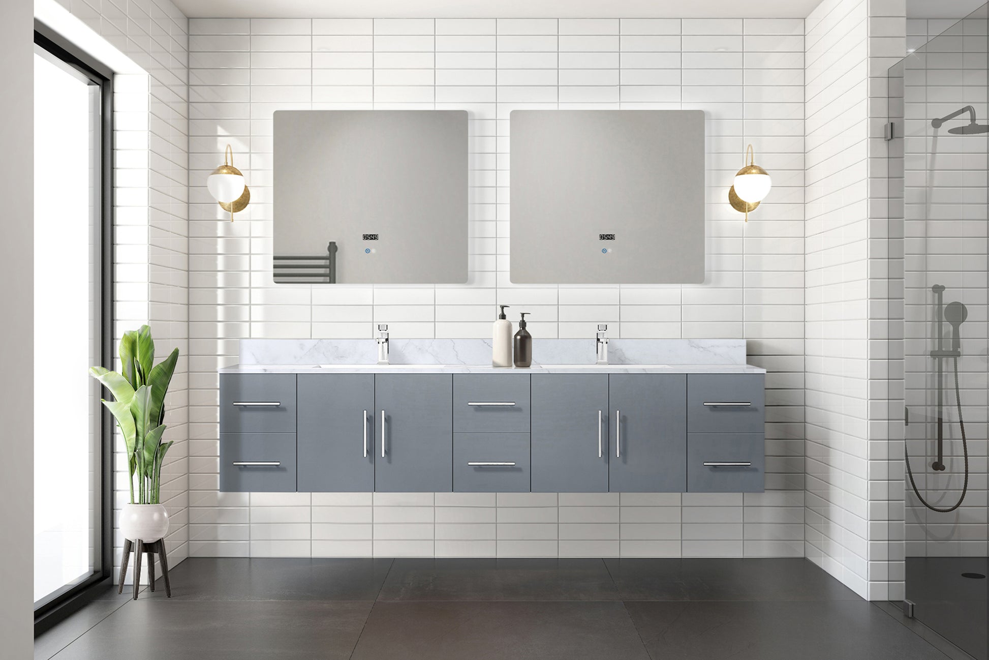 Dark Grey Bathroom Vanity with Marble Top - 84" Wide
