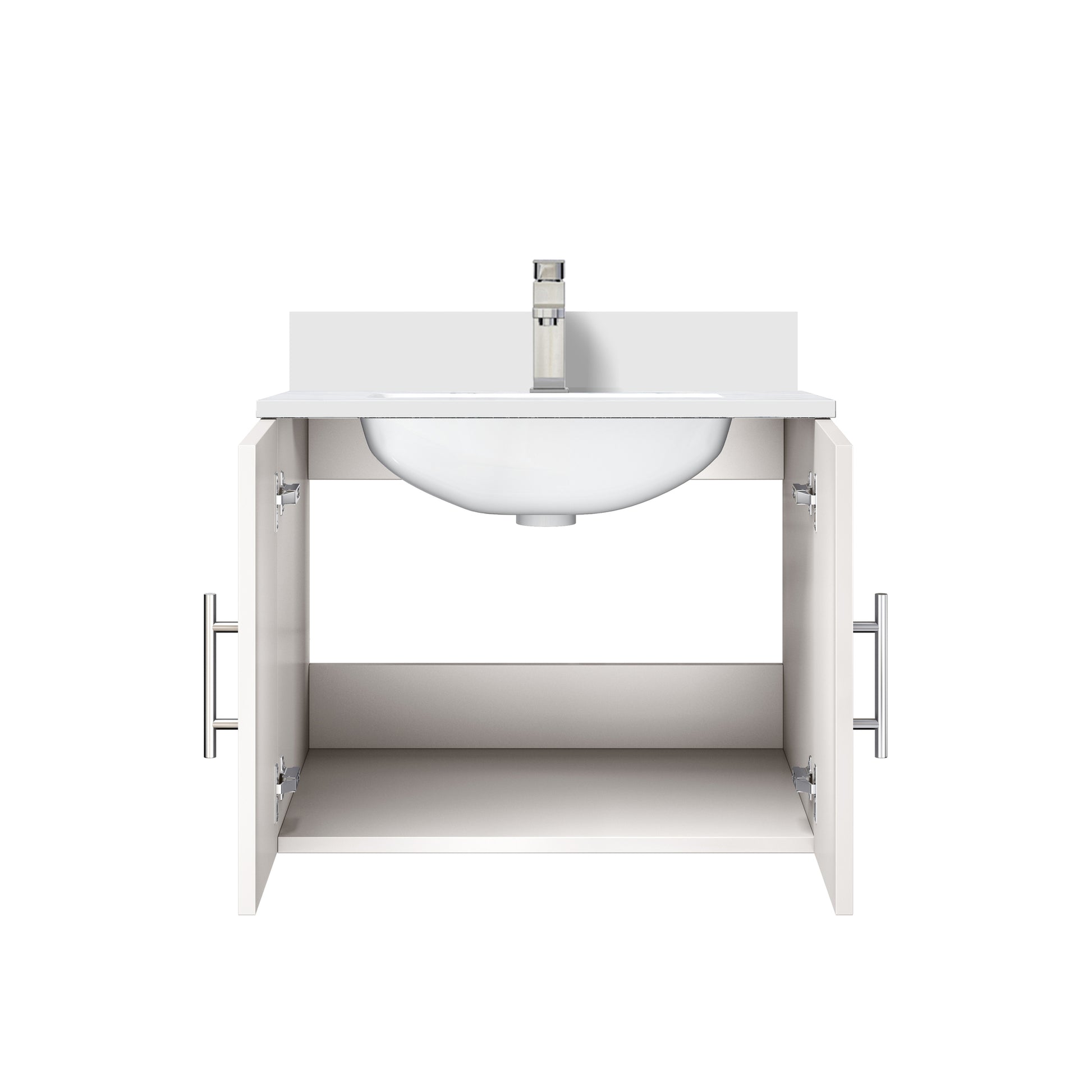 Glossy White Bathroom Vanity with Marble Top & Faucet