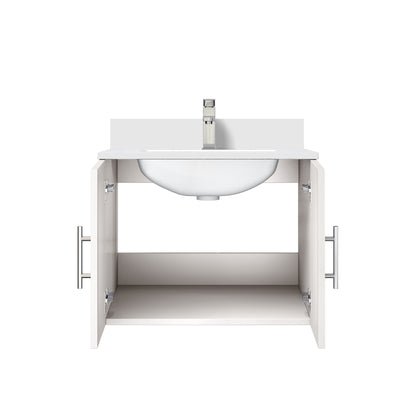 Glossy White Bathroom Vanity with Marble Top & Faucet