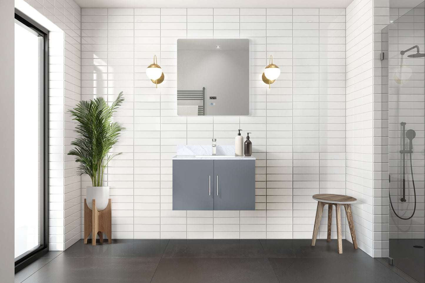 Dark Grey Bath Vanity with Marble Top & Faucet - Storage Solution