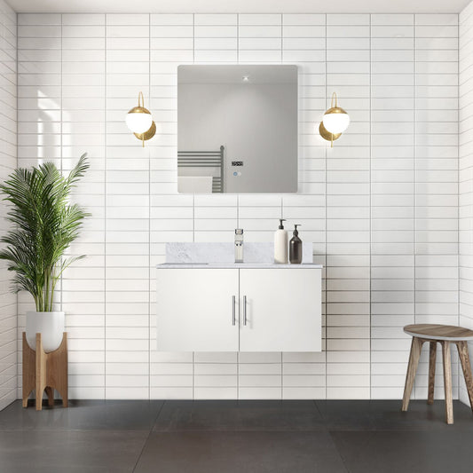 Glossy White Bathroom Vanity with Marble Top & Faucet