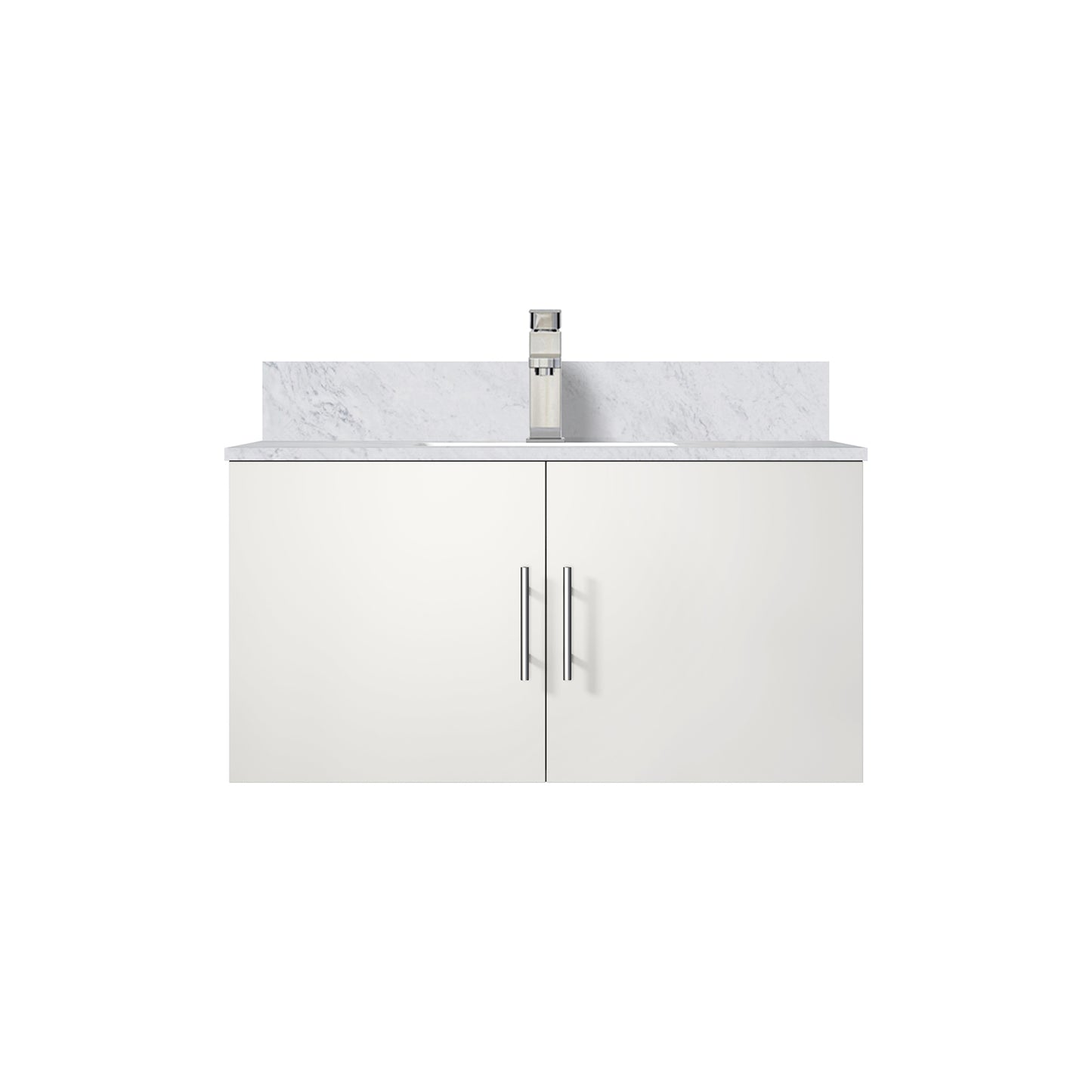 Glossy White Bathroom Vanity with Marble Top & Faucet