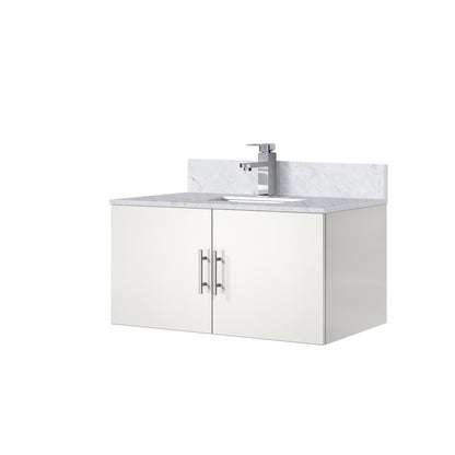 Glossy White Bathroom Vanity with Marble Top & Faucet