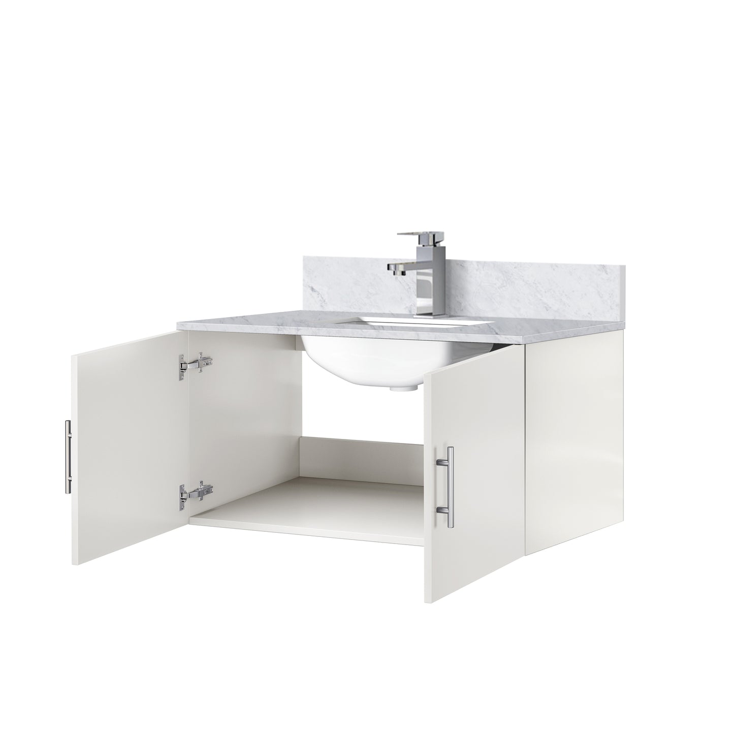 Glossy White Bathroom Vanity with Marble Top & Faucet
