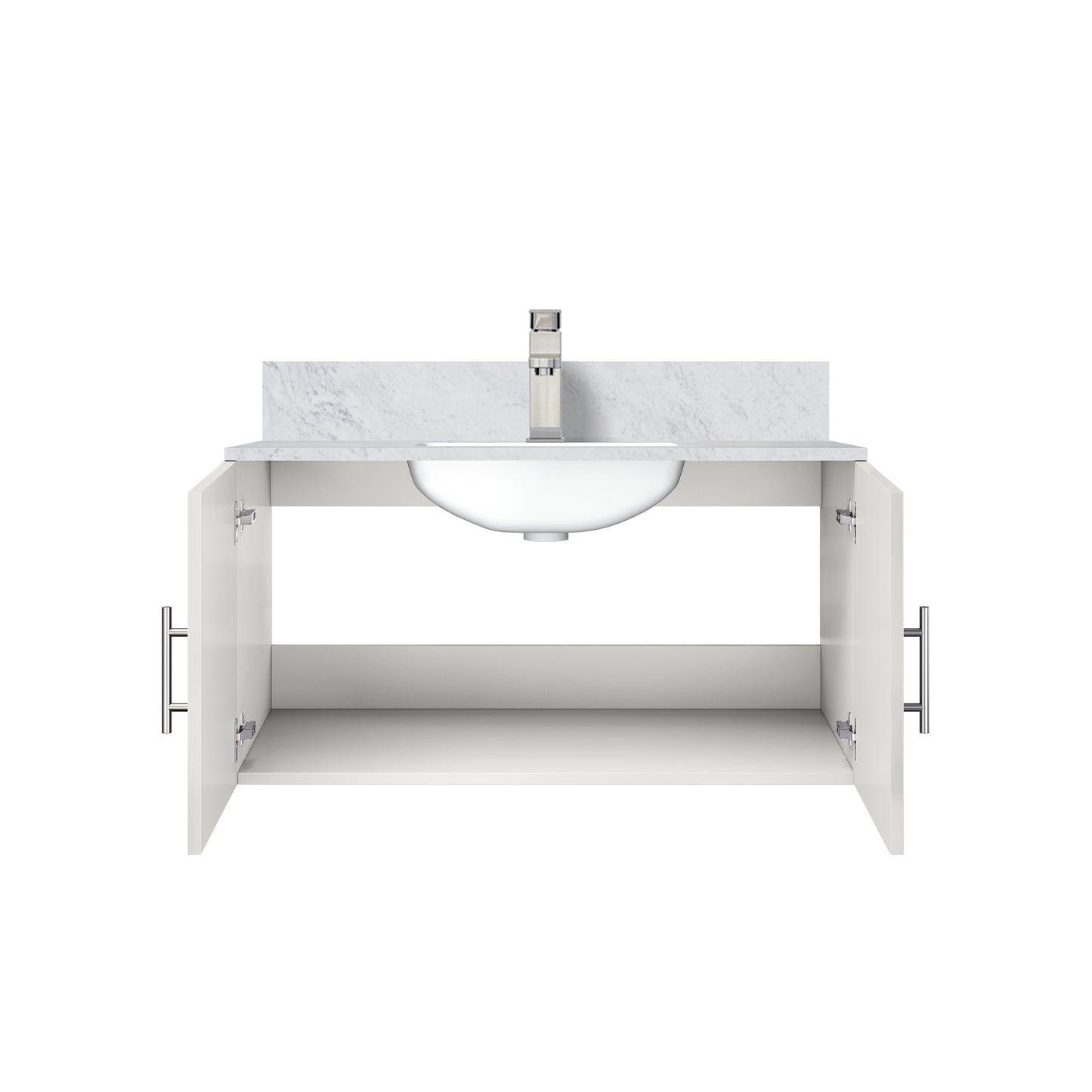Glossy White Bathroom Vanity with Marble Top & Faucet