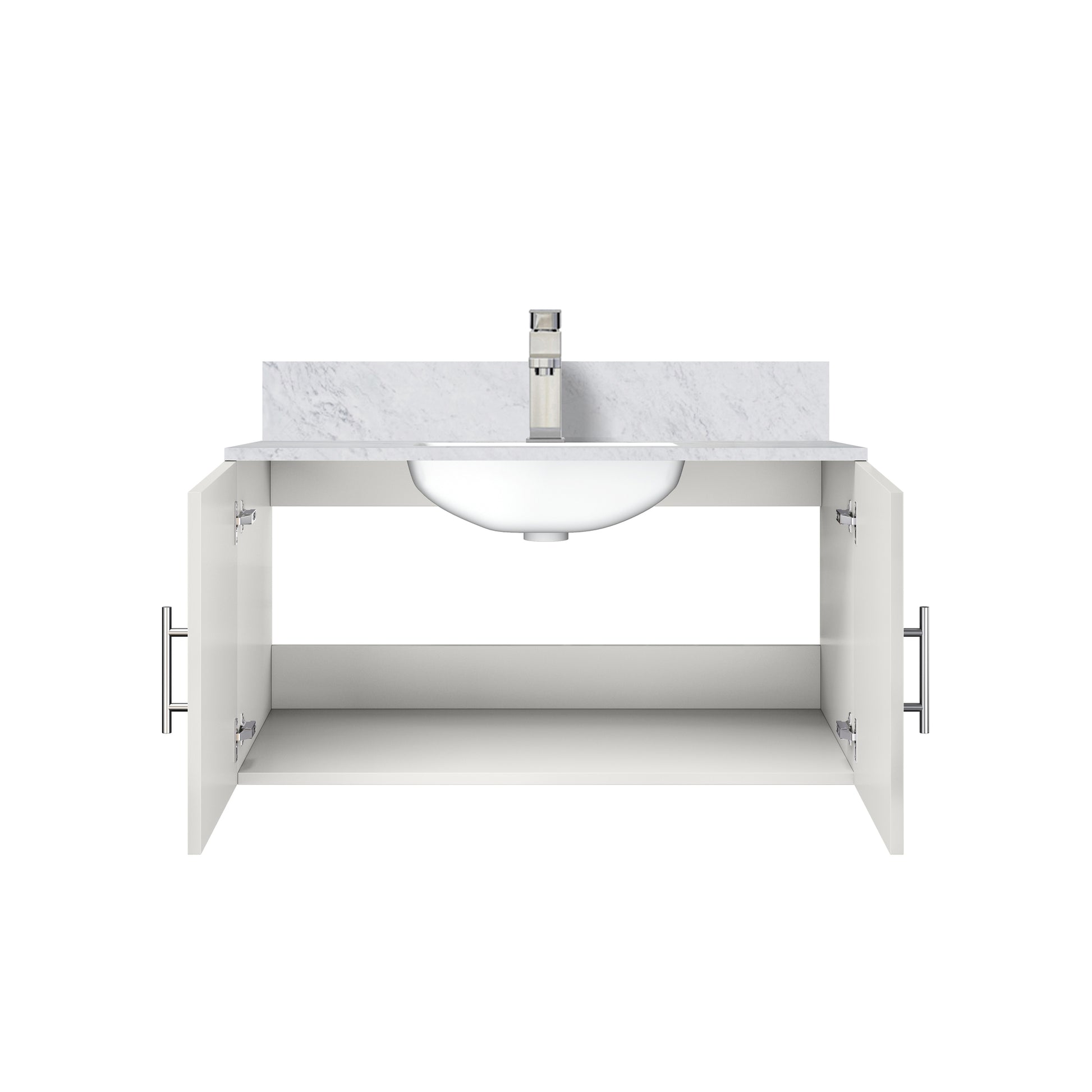 Glossy White Bathroom Vanity with Marble Top & Faucet