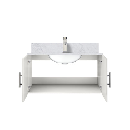 Glossy White Bathroom Vanity with Marble Top & Faucet