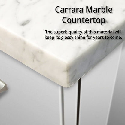Glossy White Bathroom Vanity with Marble Top & Faucet