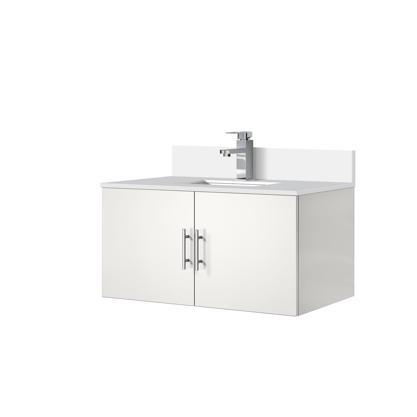 Glossy White Bathroom Vanity with Quartz Top & Faucet