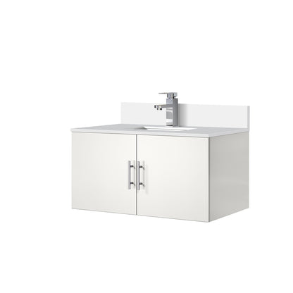 Glossy White Bathroom Vanity with Quartz Top & Faucet