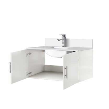 Glossy White Bathroom Vanity with Quartz Top & Faucet