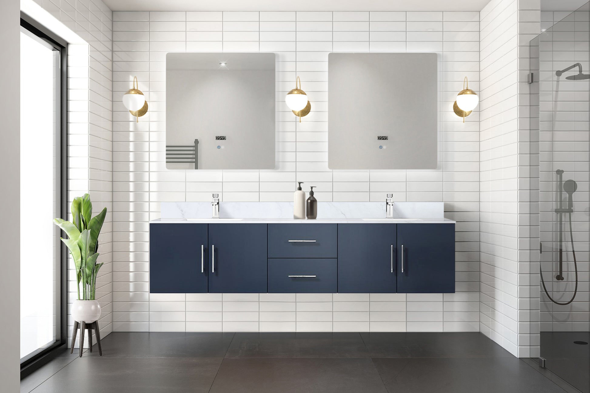 Navy Blue Double Bathroom Vanity with Marble Top
