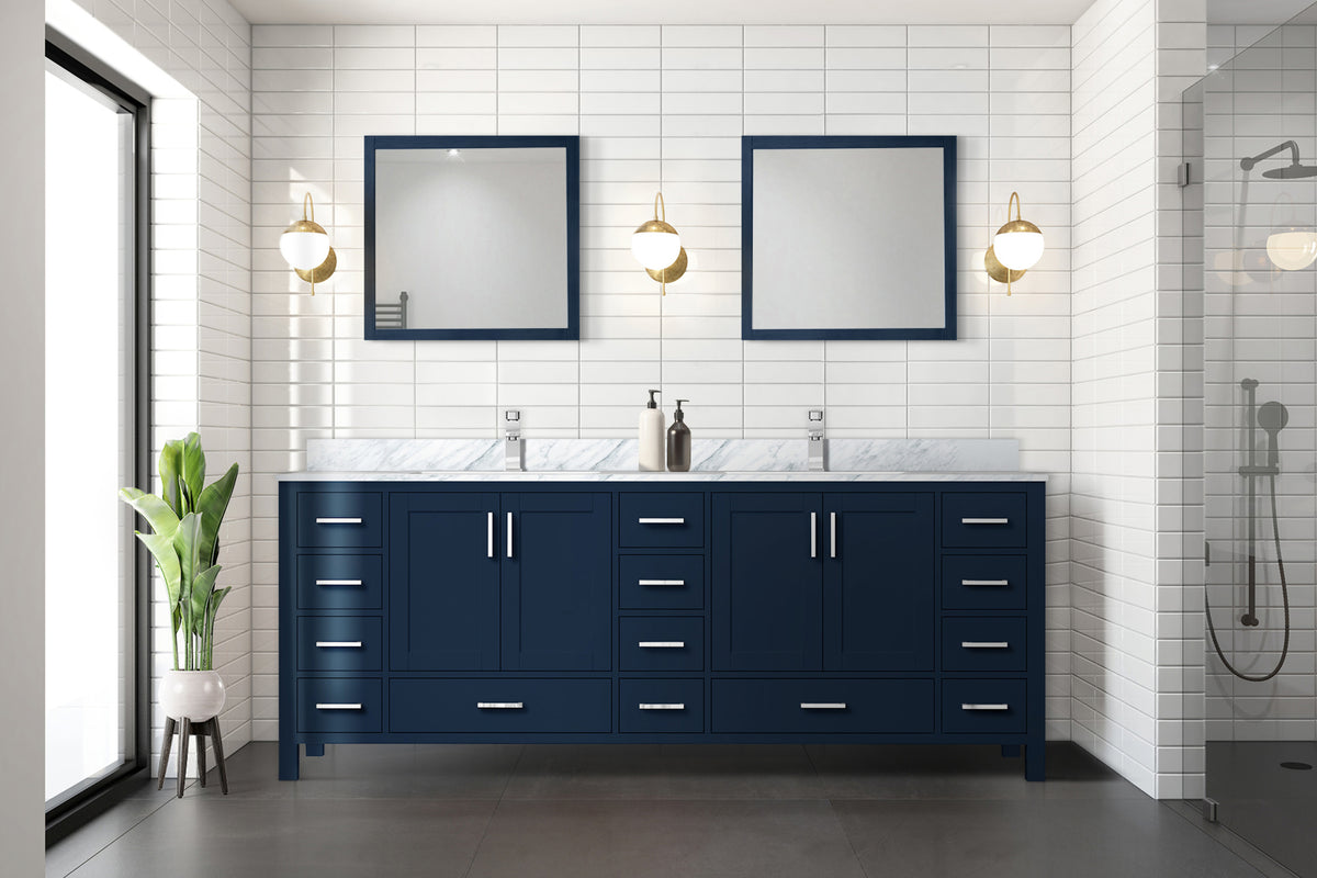 Navy Blue Double Bath Vanity - 84" W with Marble Top Storage