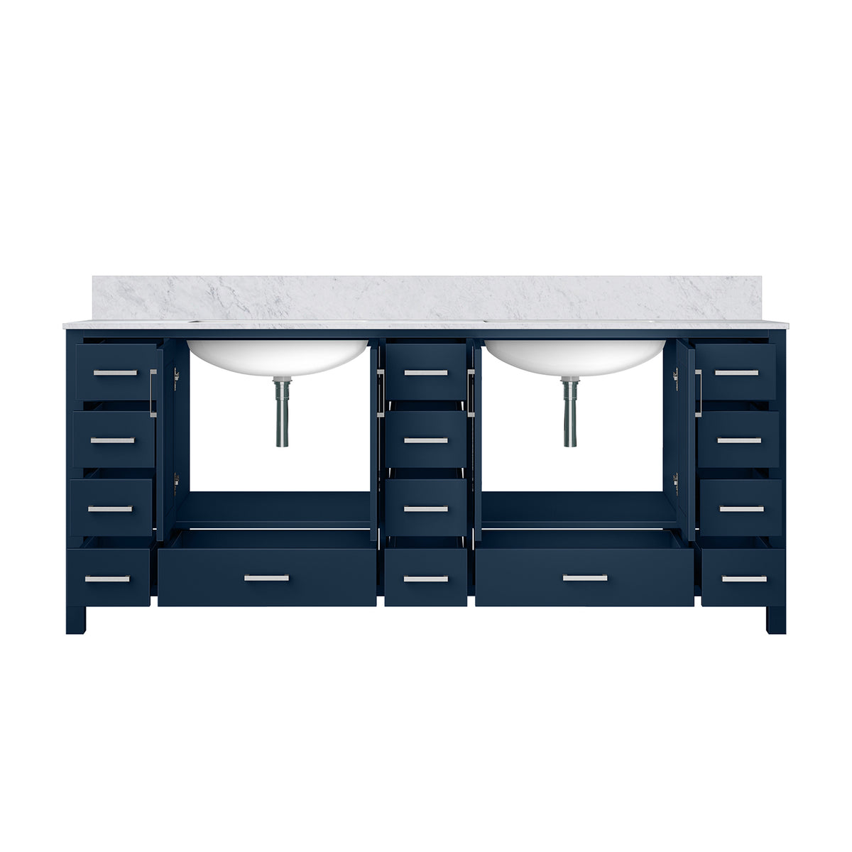 Navy Blue Double Bath Vanity - 84" W with Marble Top Storage