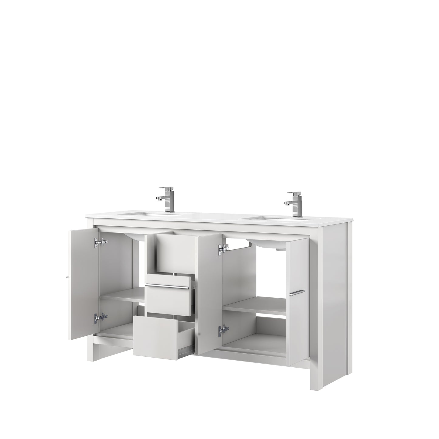 White Double Bath Vanity - 60" W with Marble Top & Chrome Faucet
