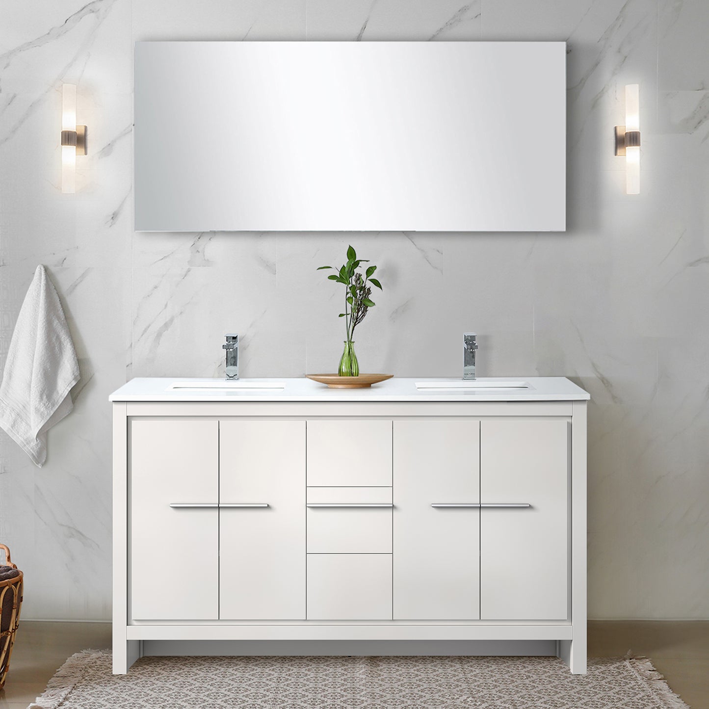 White Double Bath Vanity 60 in. W x 20 in. D, Cultured Marble Top and Chrome Faucet Set