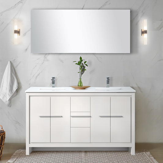 White Double Bath Vanity 60 in. W x 20 in. D, Cultured Marble Top and Chrome Faucet Set