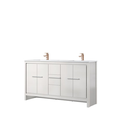White Double Bathroom Vanity with Marble Top and Rose Gold Faucet for Renovation