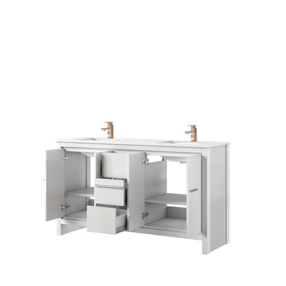 White Double Bathroom Vanity with Marble Top and Rose Gold Faucet for Renovation