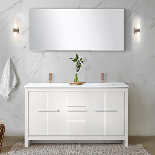 White Double Bath Vanity 60 in. W x 20 in. D, Cultured Marble Top and Rose Gold Faucet Set