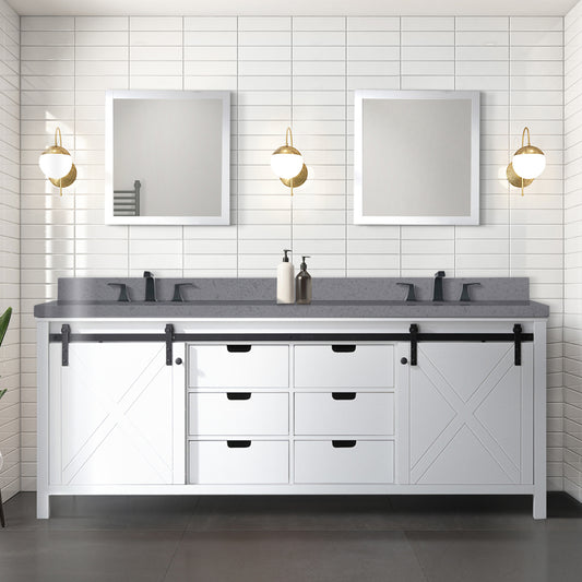 White Double Bath Vanity 84 in. W x 22 in. D, Grey Quartz Countertop and Faucet Set