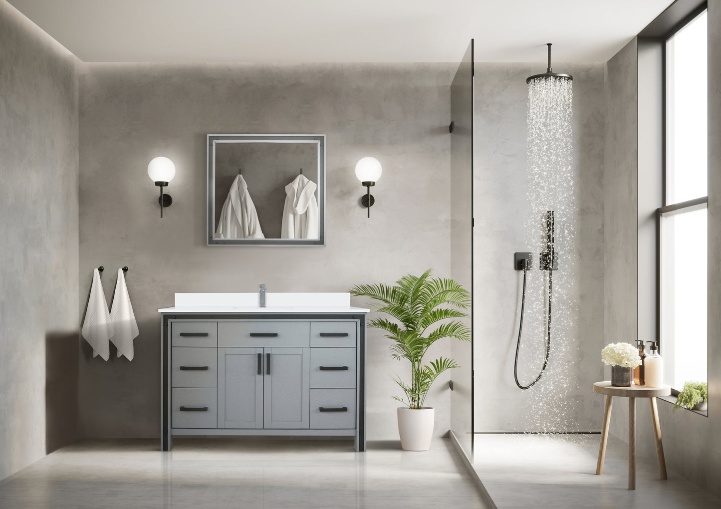 Dark Grey Bath Vanity - 48" W x 22" D with White Quartz Top & Faucet